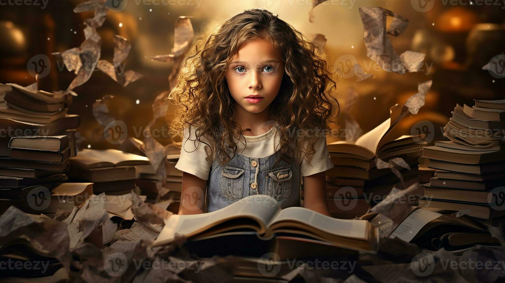 pequeno menina lendo uma livro dentro a biblioteca com outono folhas por aí dela. generativo ai foto