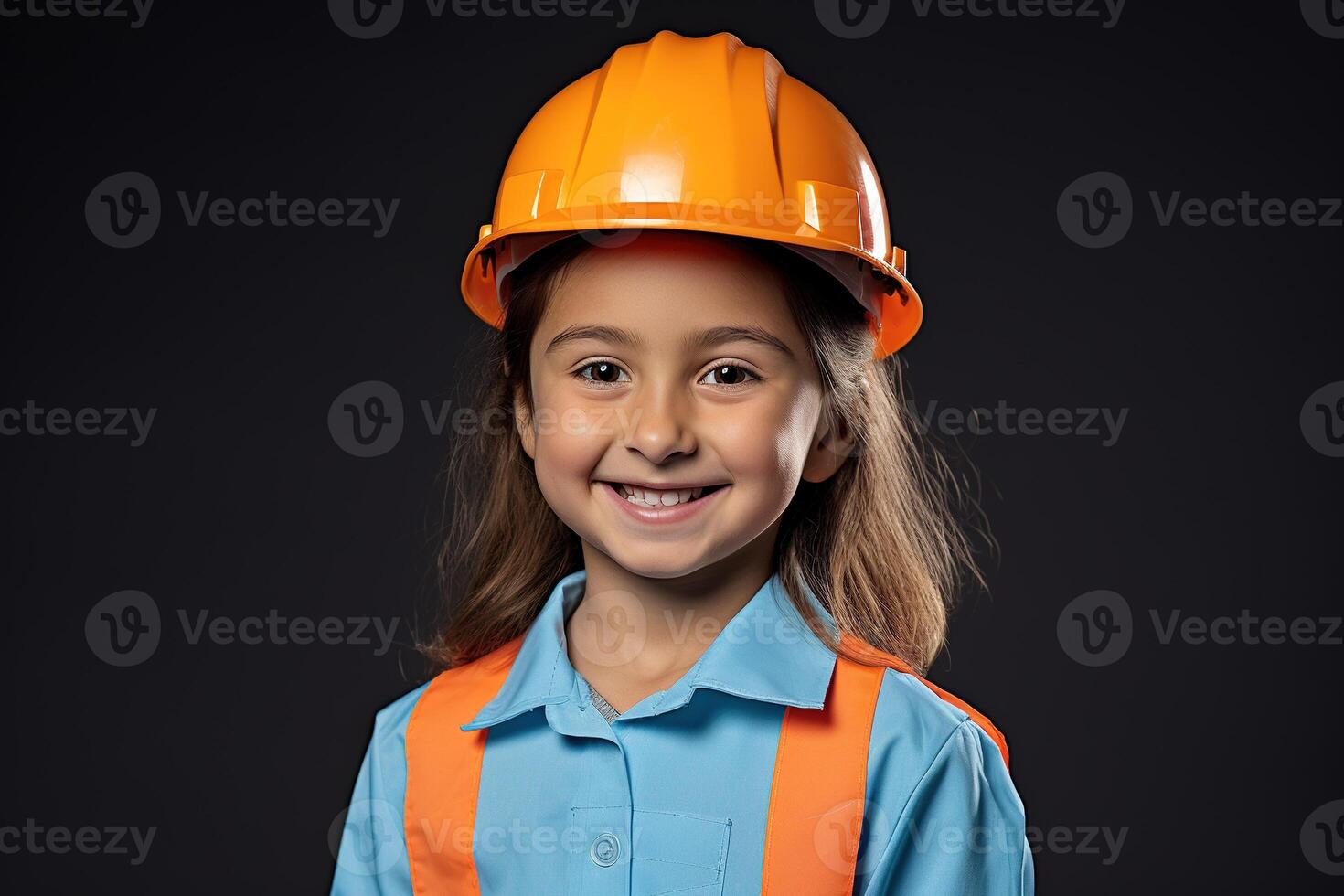 retrato do uma sorridente pequeno menina dentro uma construção capacete ai gerado foto