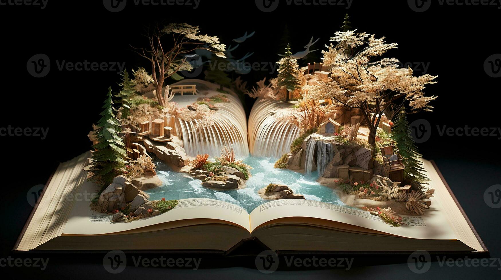 fantasia panorama com uma cascata dentro a aberto livro em Sombrio fundo. generativo ai foto