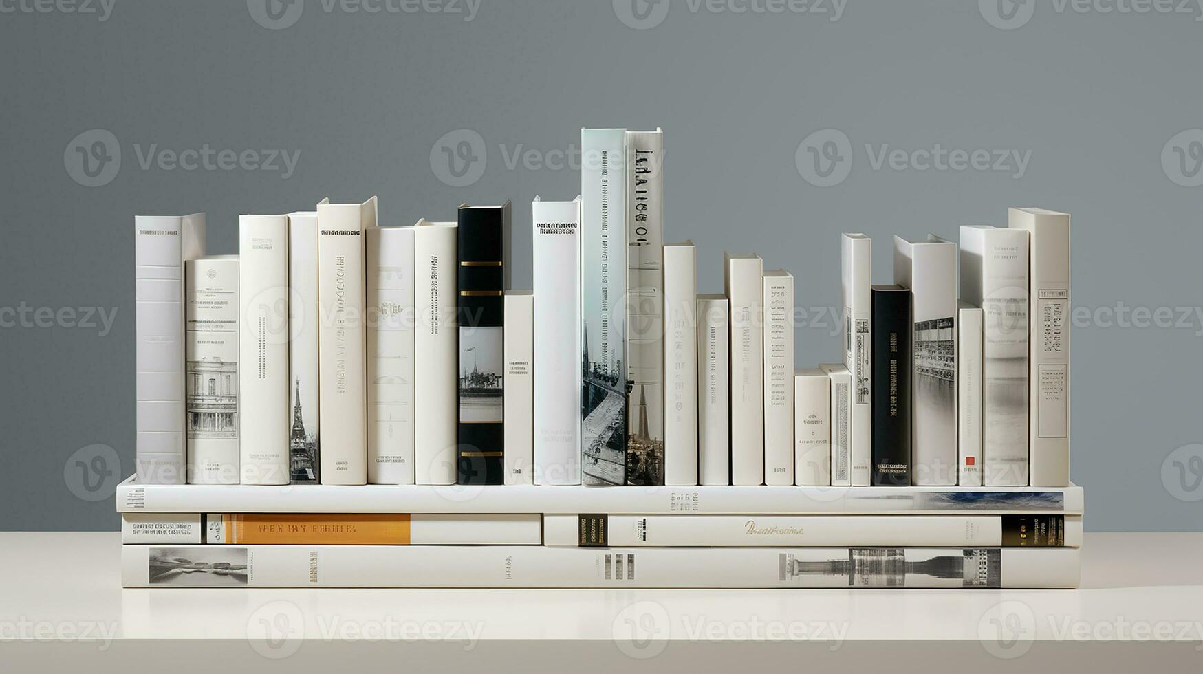 3d Renderização do uma livro estante com livros dentro frente do cinzento fundo. generativo ai foto