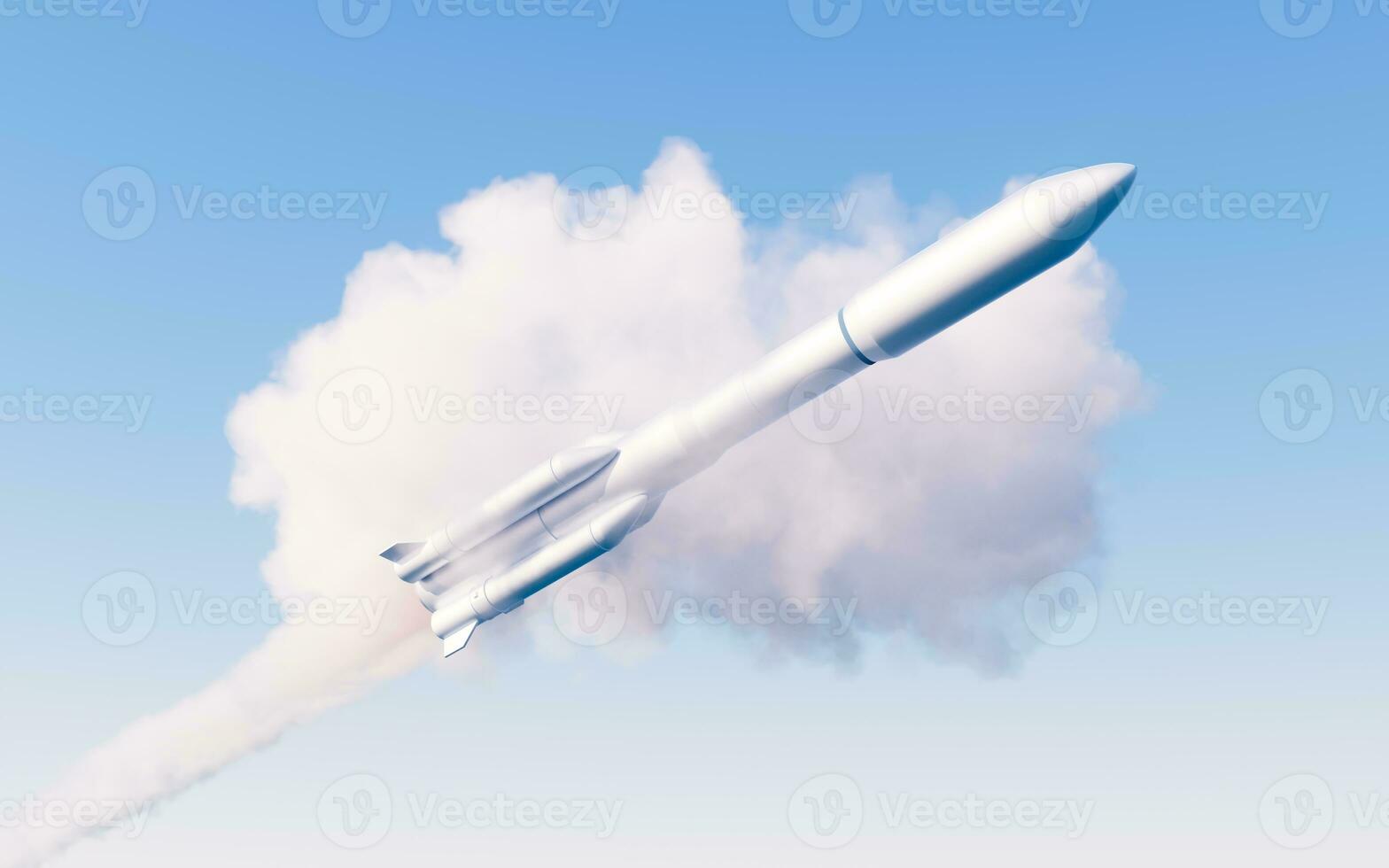 foguete com azul fundo, 3d Renderização. foto