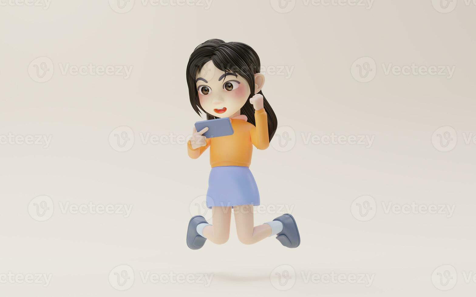 pequeno menina usando Móvel telefone com desenho animado estilo, 3d Renderização. foto