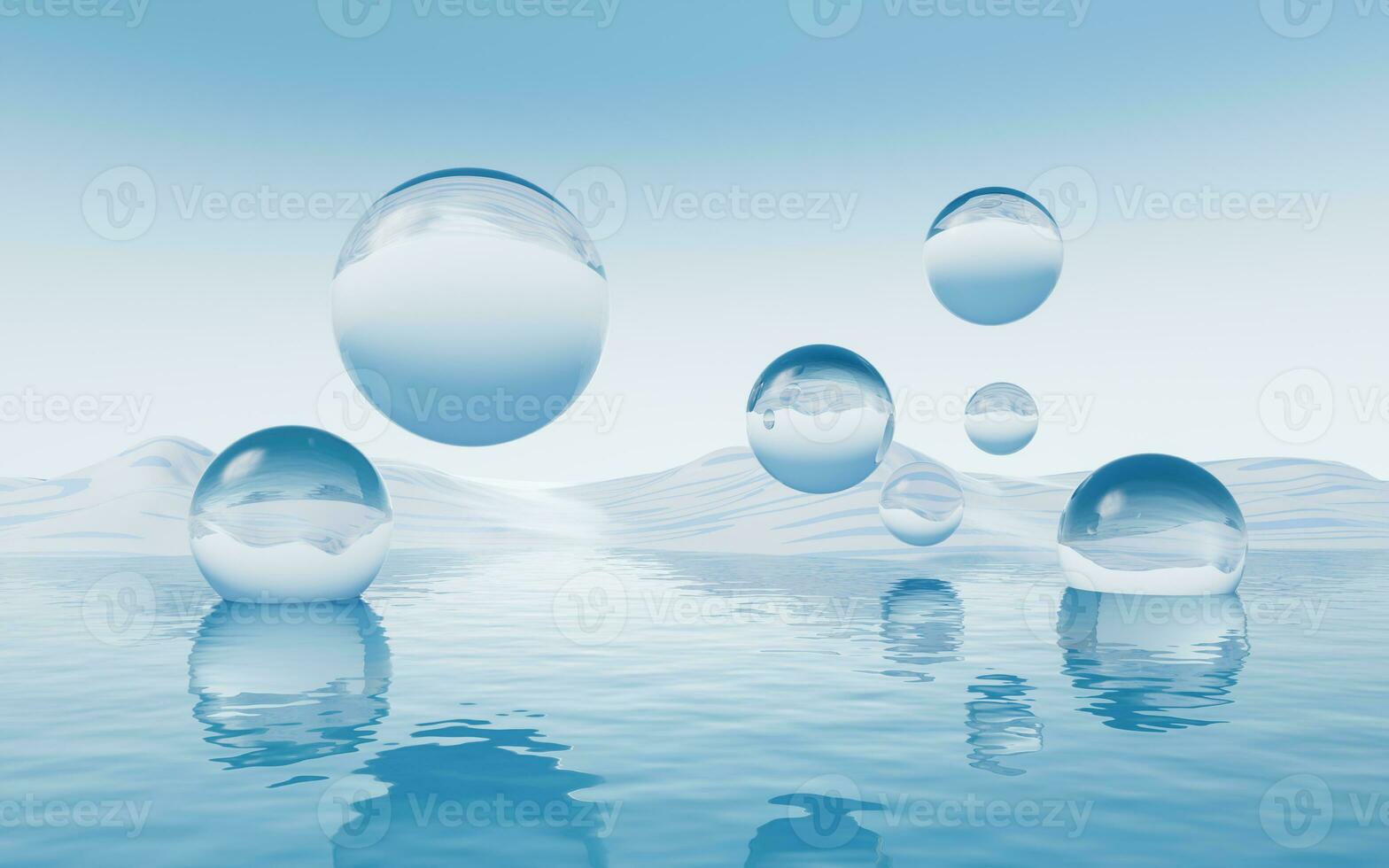 água superfície com volta bolas fundo, 3d Renderização. foto
