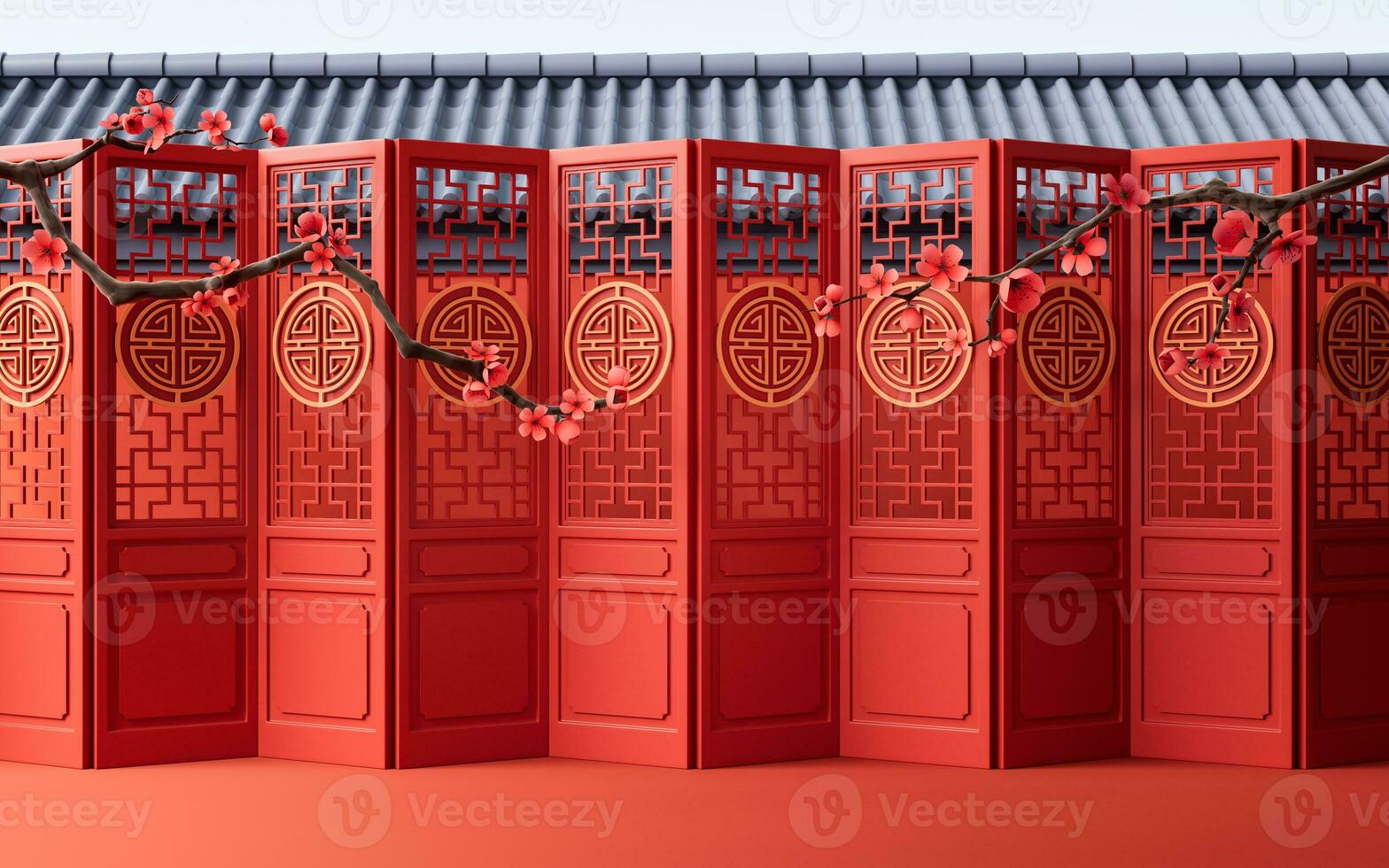 ameixa Flor com chinês antigo portas, 3d Renderização. foto