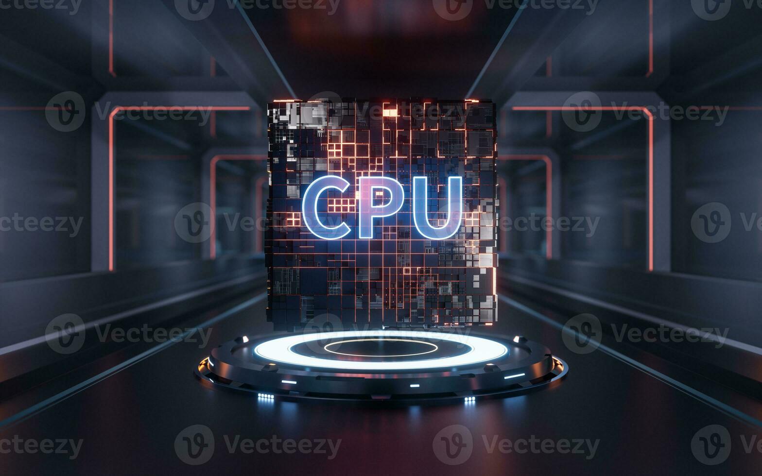 CPU cubo com tecnologia fundo, 3d Renderização. foto