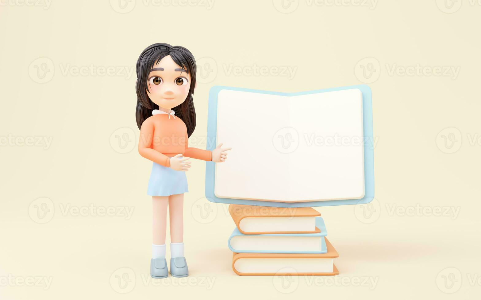 pequeno menina e pilha do livros, 3d Renderização. foto