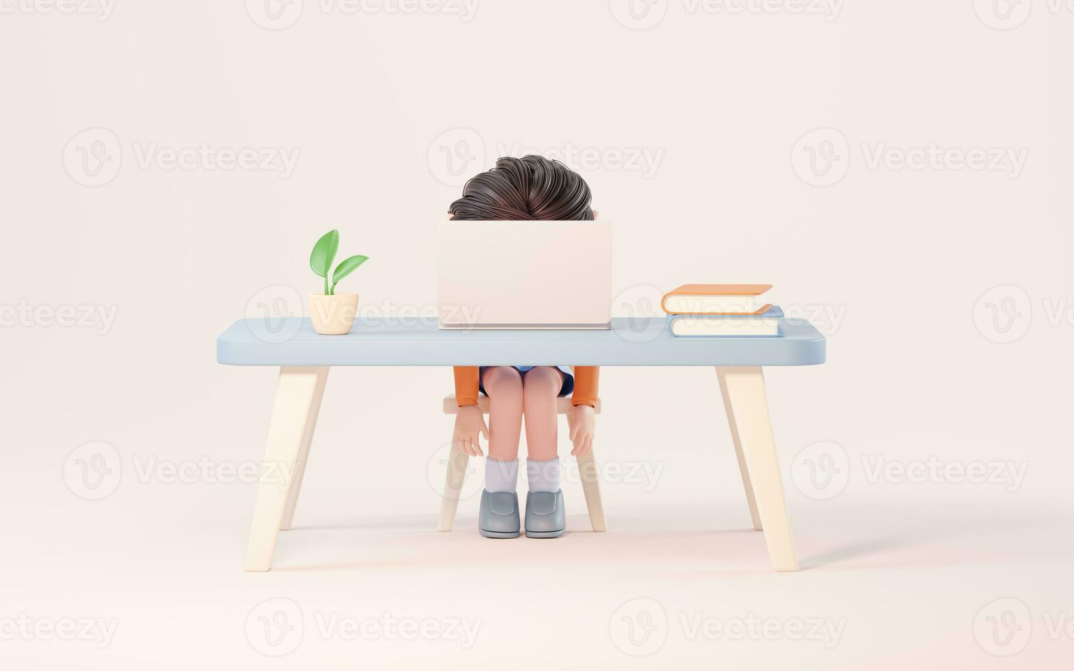 pequeno menina estude duro, Aprendendo às mesa, 3d Renderização. foto