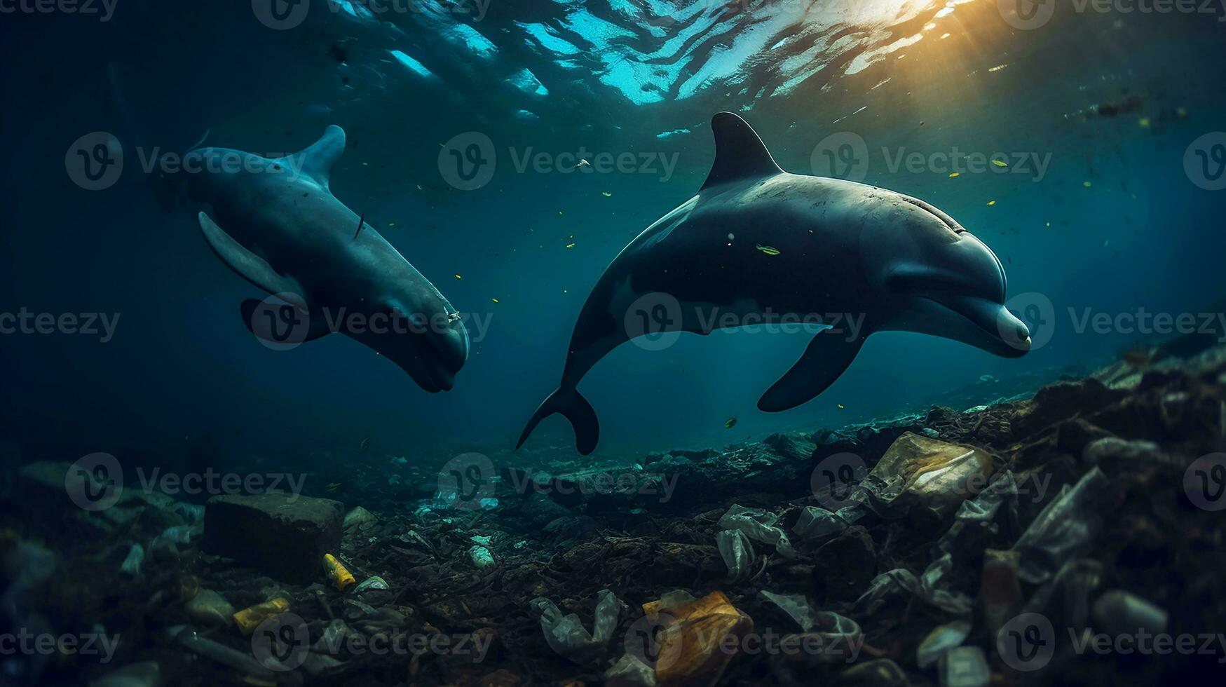 uma golfinho preso dentro uma plástico saco dentro a oceano. de Meio Ambiente proteção. generativo ai foto