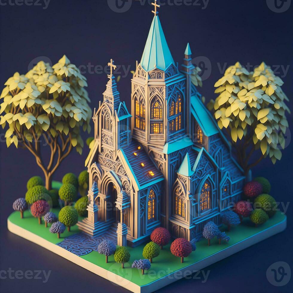 pequeno de madeira Igreja em a fundo do a floresta 3d ilustração de ai gerado foto