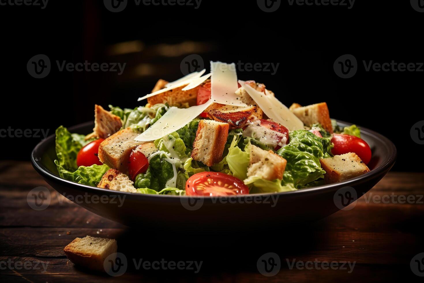 uma delicioso frango César salada com parmesão queijo, tomates, croutons e vestir.ai generativo foto