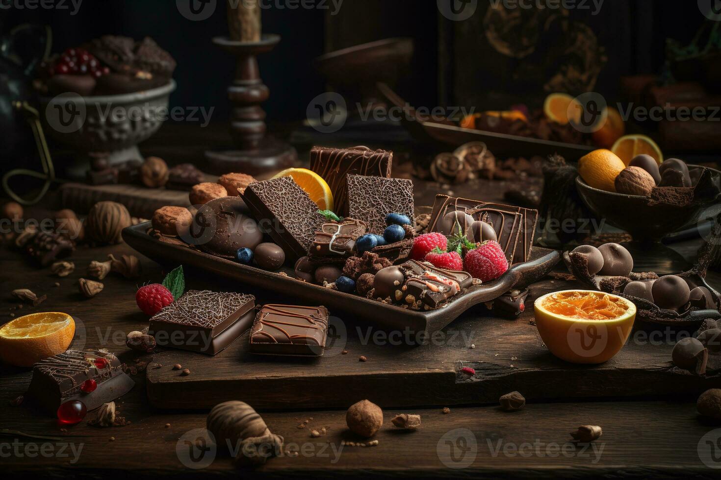 saboroso doces com chocolate bares, cacau pó, e doces em uma fundo. ai generativo foto