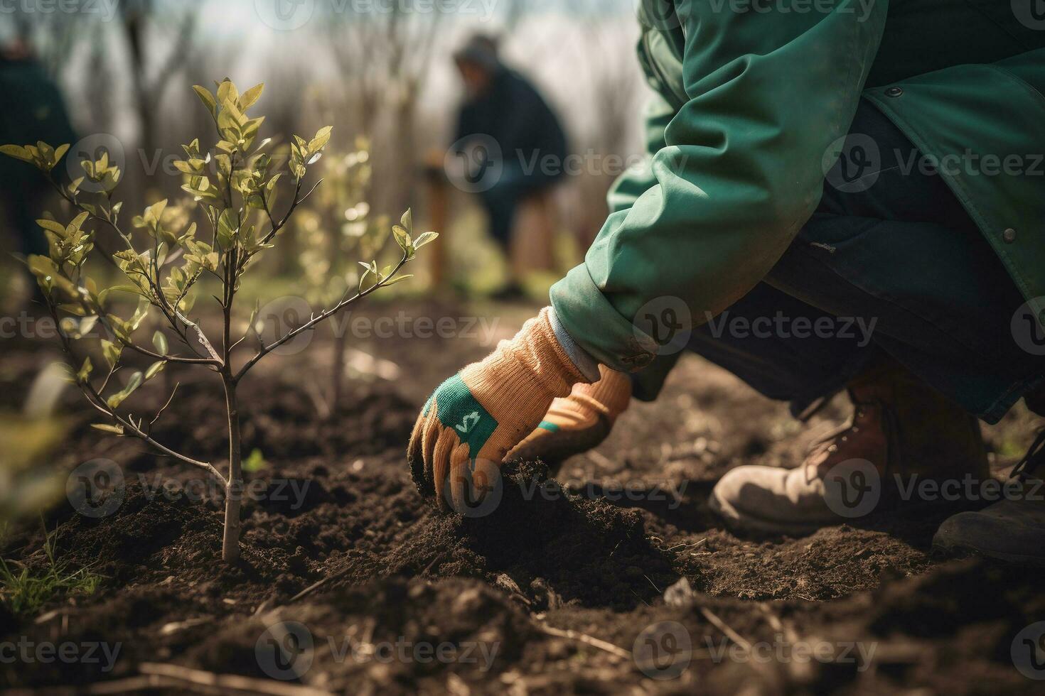 agricultores mãos plantio árvores dentro uma comunidade jardim. ai generativo foto