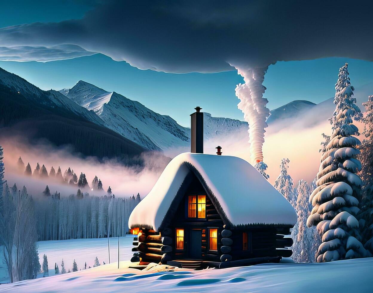 uma acolhedor cabine aninhado dentro a montanhas, fumaça ascendente, cercado de uma inverno país das maravilhas foto