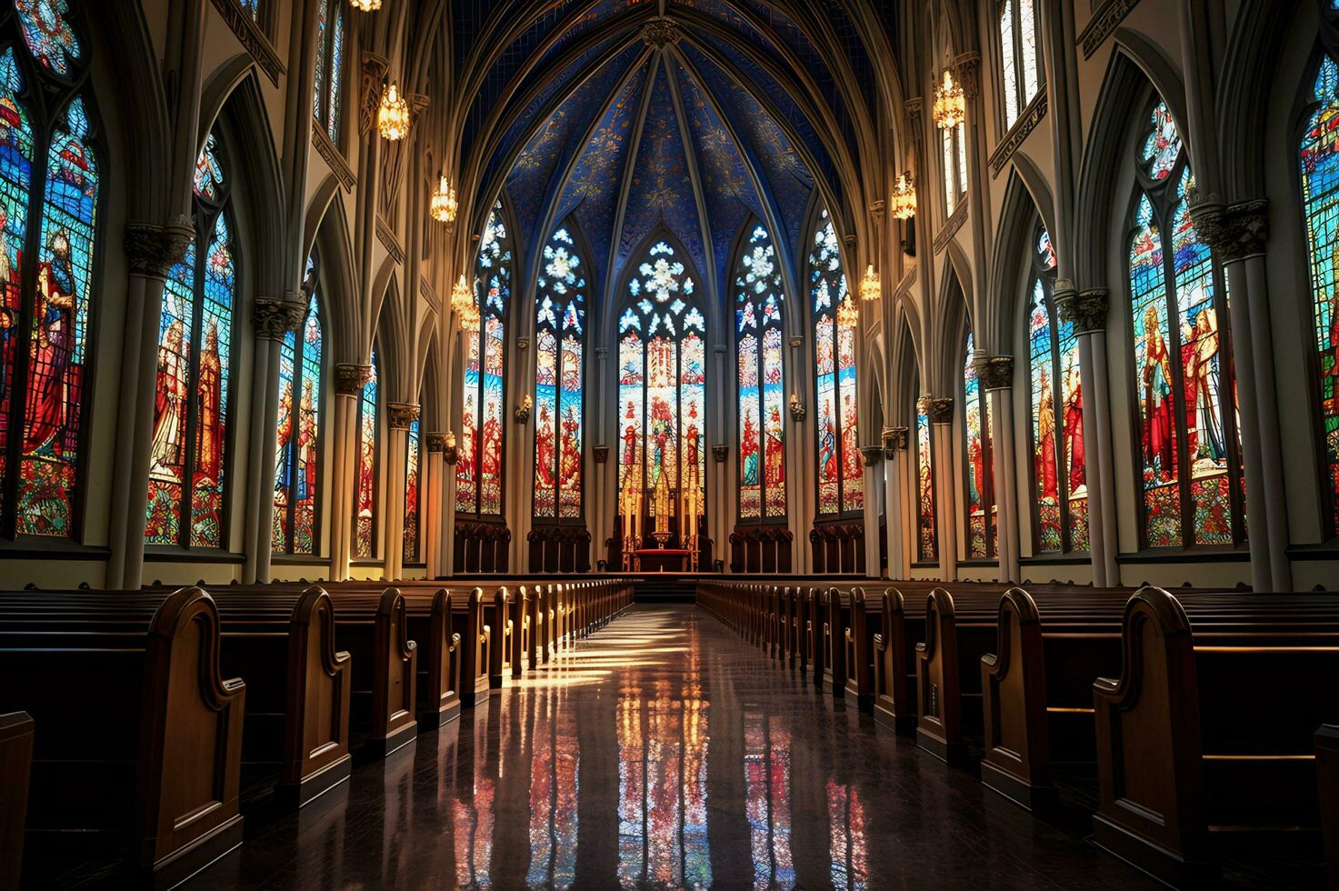 Visão do gótico catedral manchado vidro foto