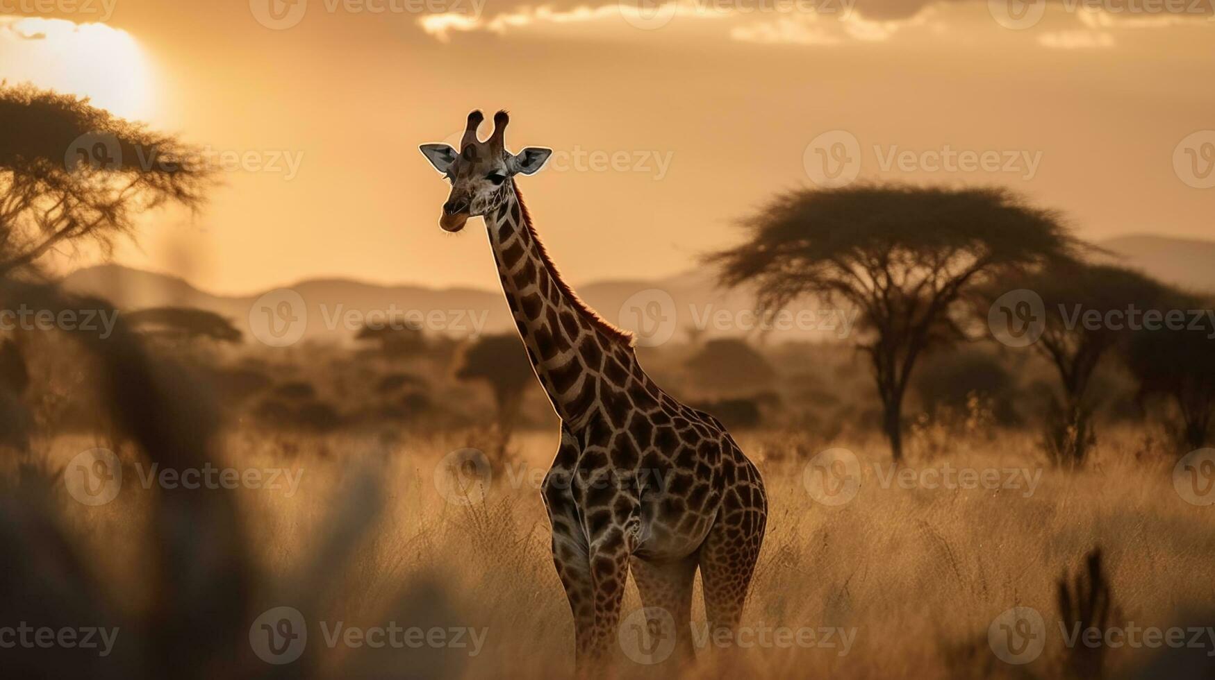 girafa em a fundo do a africano savana, quente dia, animais do África. ai generativo foto