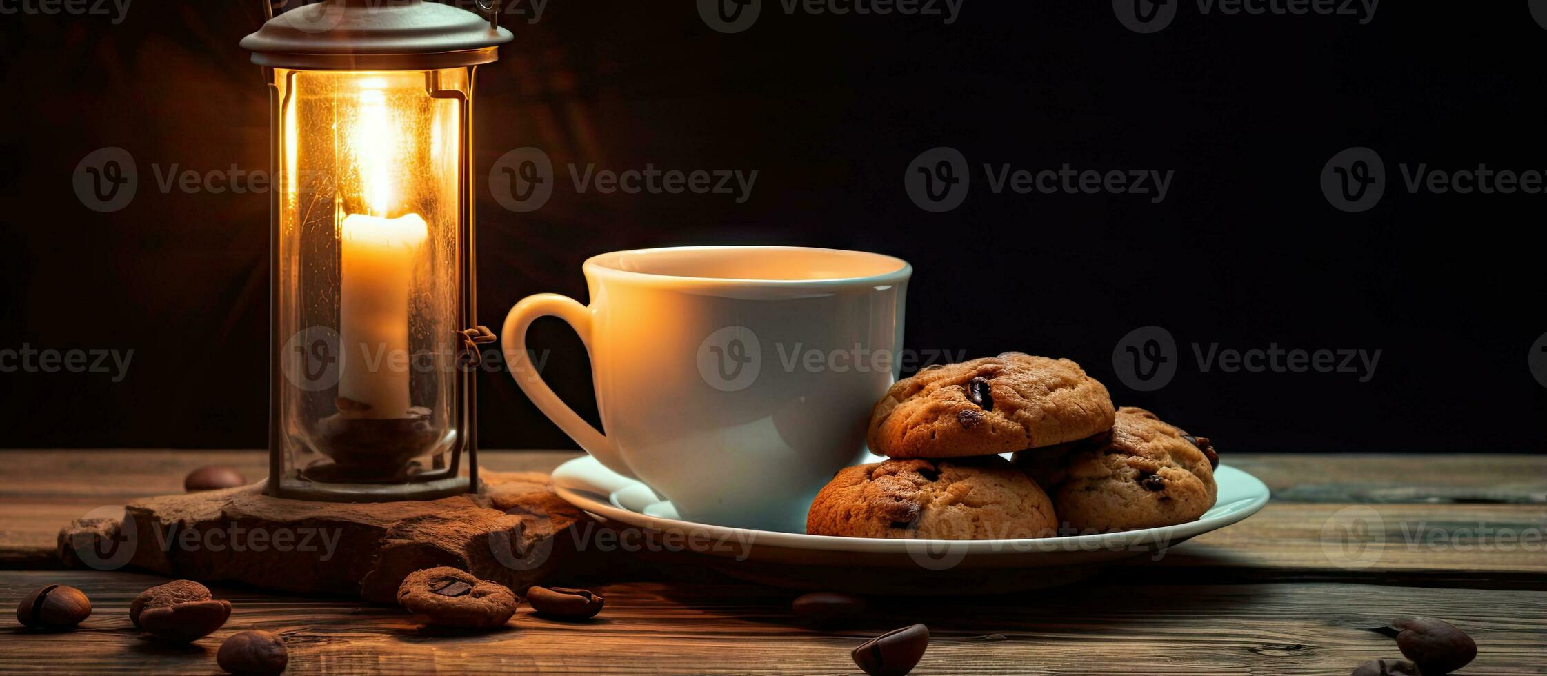 luminária aceso rústico mesa com café e caseiro biscoitos foto