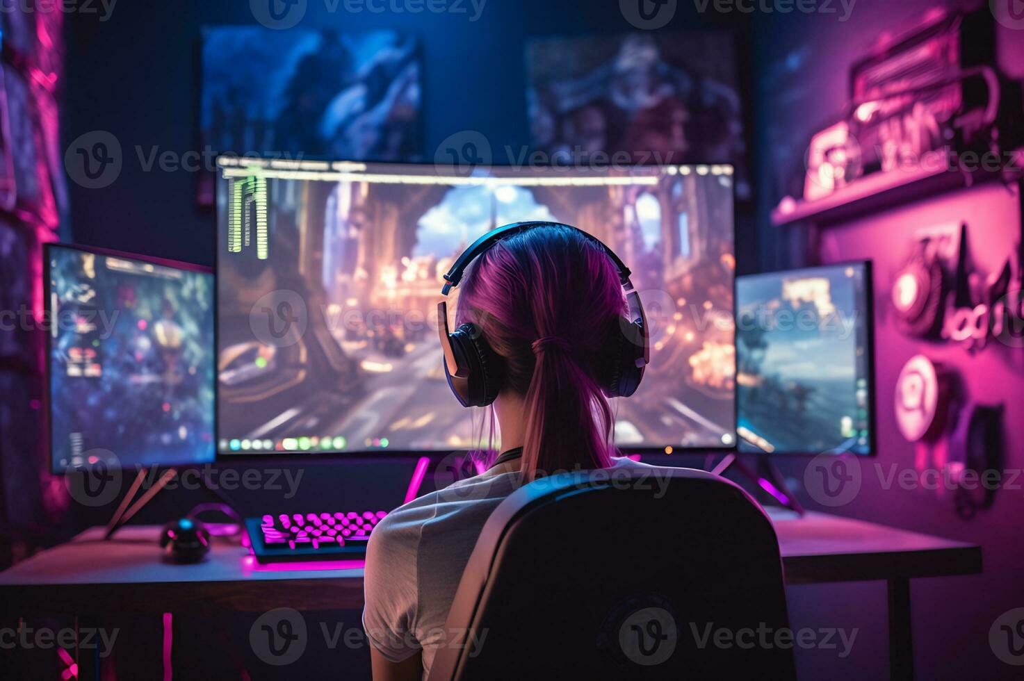 tiro do jogador menina é sentado de a pc foto