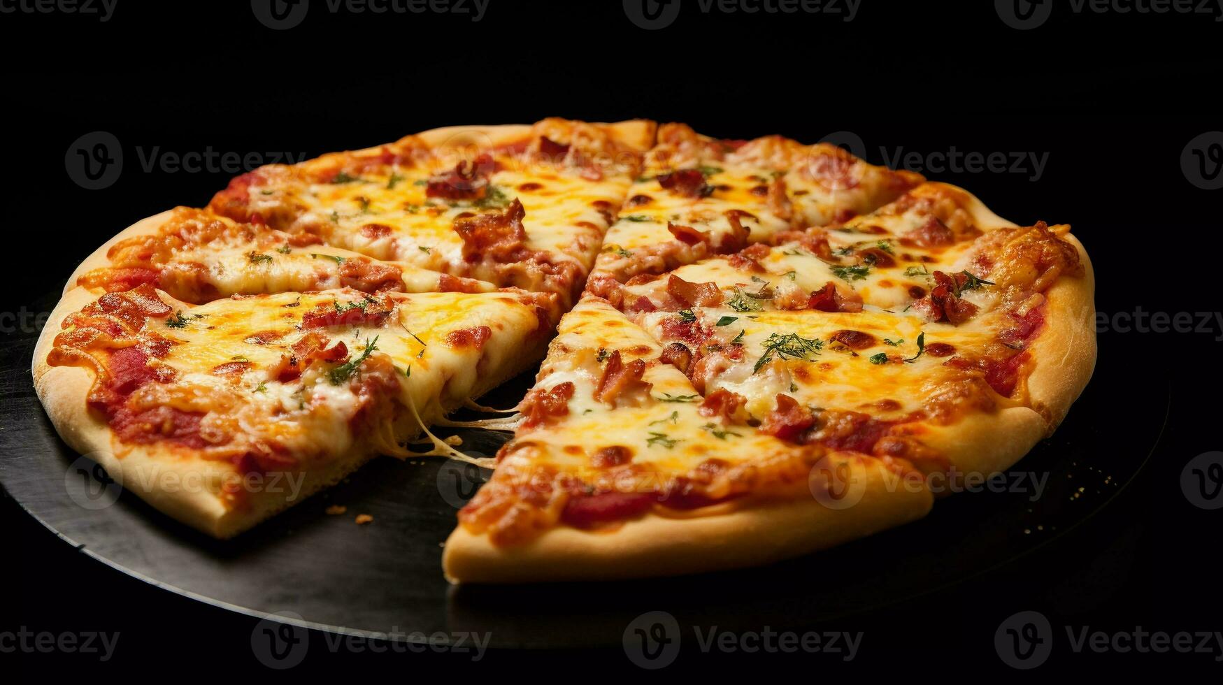 delicioso pizza, composto com mozzarella queijo, americano queijo, carne, vermelho molho, com três diferença queijo Como coberturas foto