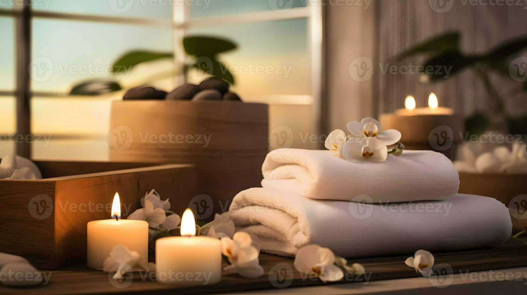 spa acessório composição conjunto dentro dia spa hotel, beleza bem estar Centro. spa produtos estão colocada dentro luxo spa recorrer sala, pronto para massagem terapia a partir de profissional serviço. foto