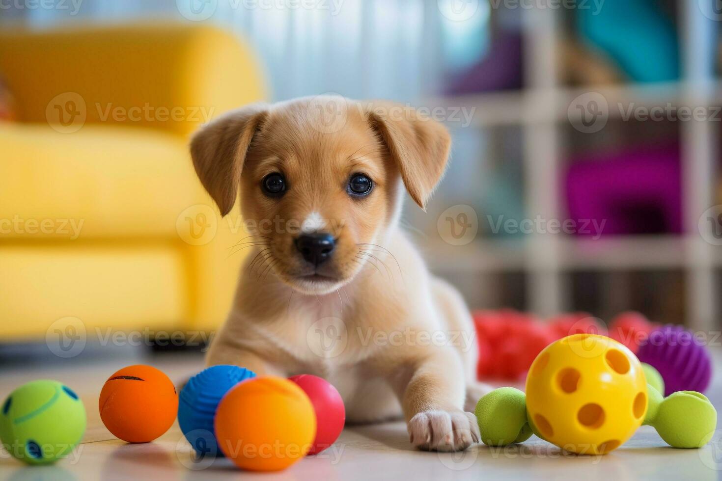 fofa cachorro jogando com dele brinquedos dentro vivo sala. cachorro com engraçado olhar. foto