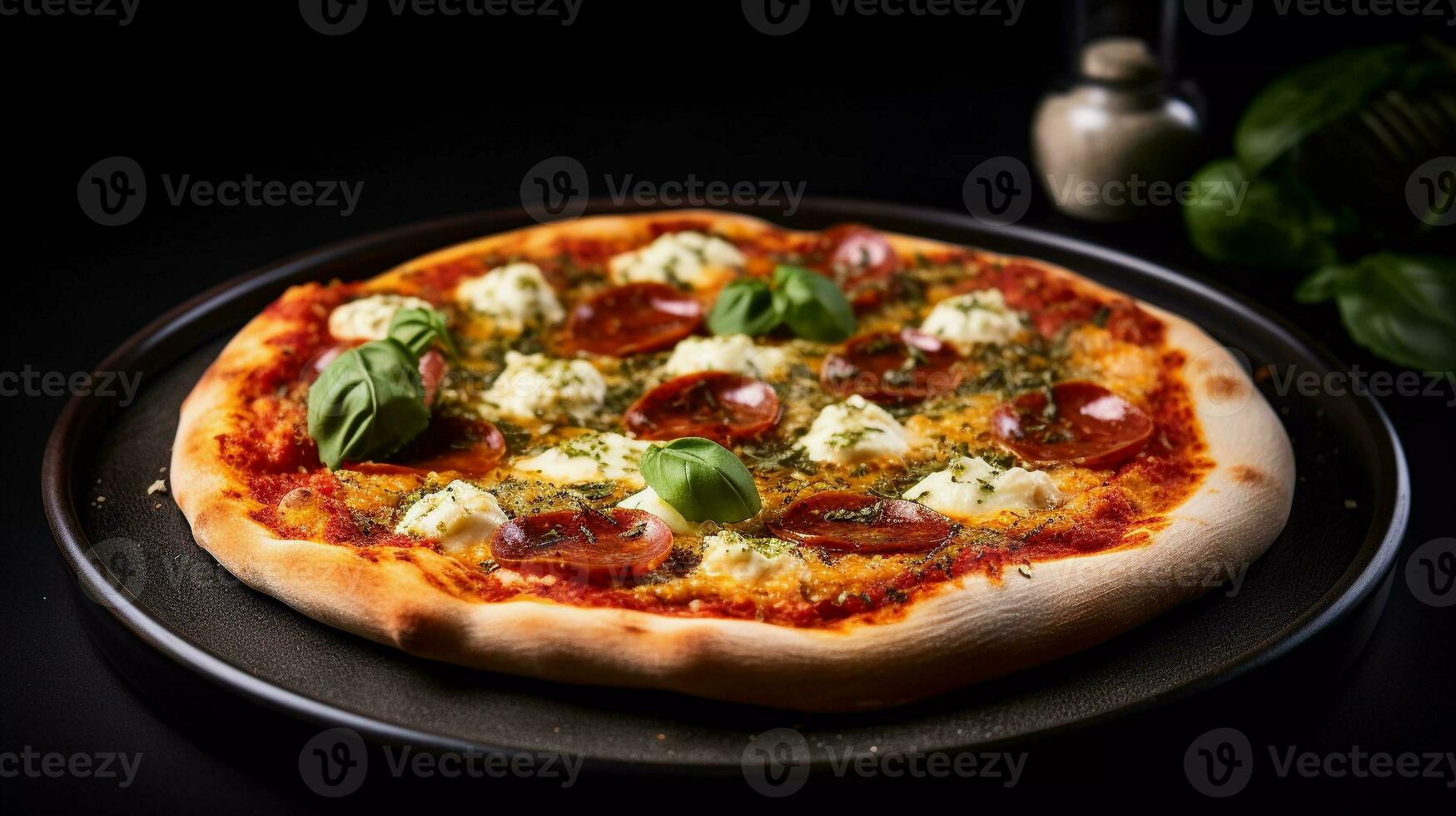 delicioso calabresa pizza, composto com alho cravo, tomate purê, manjericão folhas, ricota, seco orégano, pesto, vermelho molho, com três diferença queijo Como coberturas foto