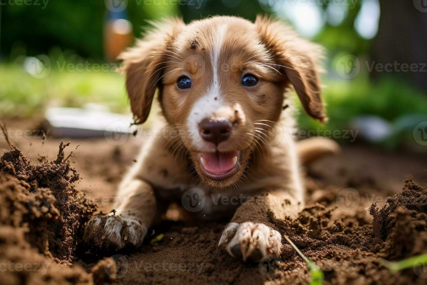 fechar acima sujo cachorro jogando dentro a jardim. cachorro com engraçado olhar. foto