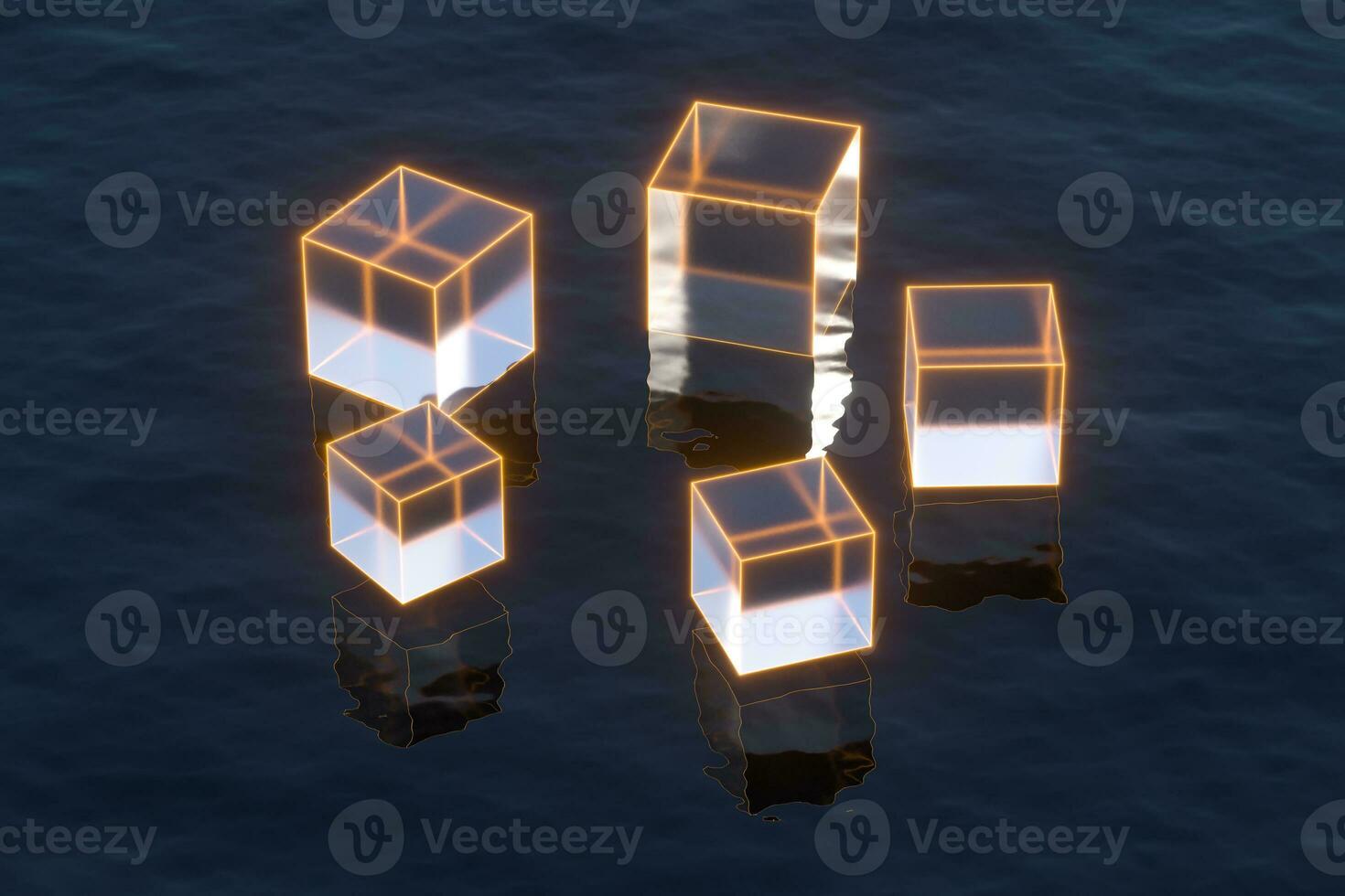 flutuando transparente cubos sobre a oceano, 3d Renderização. foto