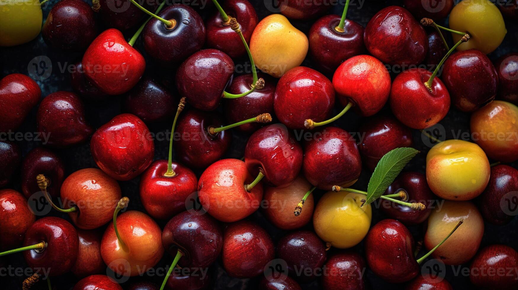 realista foto do uma grupo do cerejas. topo Visão fruta cenário. ai gerado