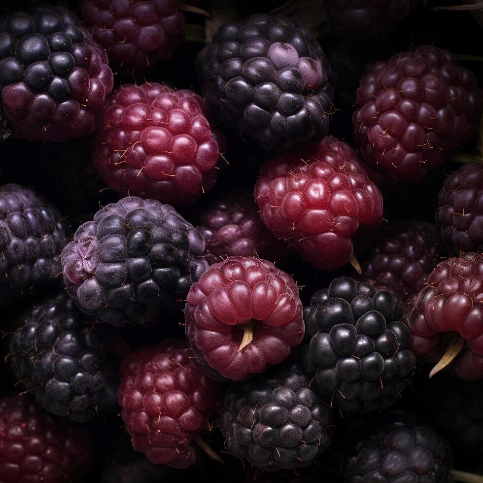 realista foto do uma grupo do Amora silvestre. topo Visão fruta cenário. ai gerado