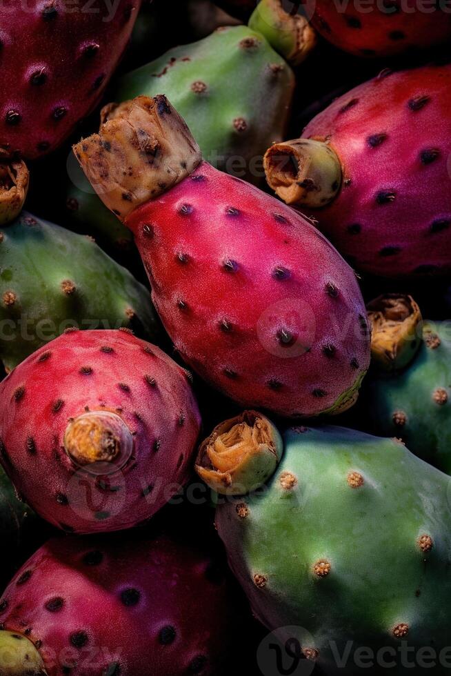 realista foto do uma grupo do espinhoso peras. topo Visão fruta cenário. ai gerado