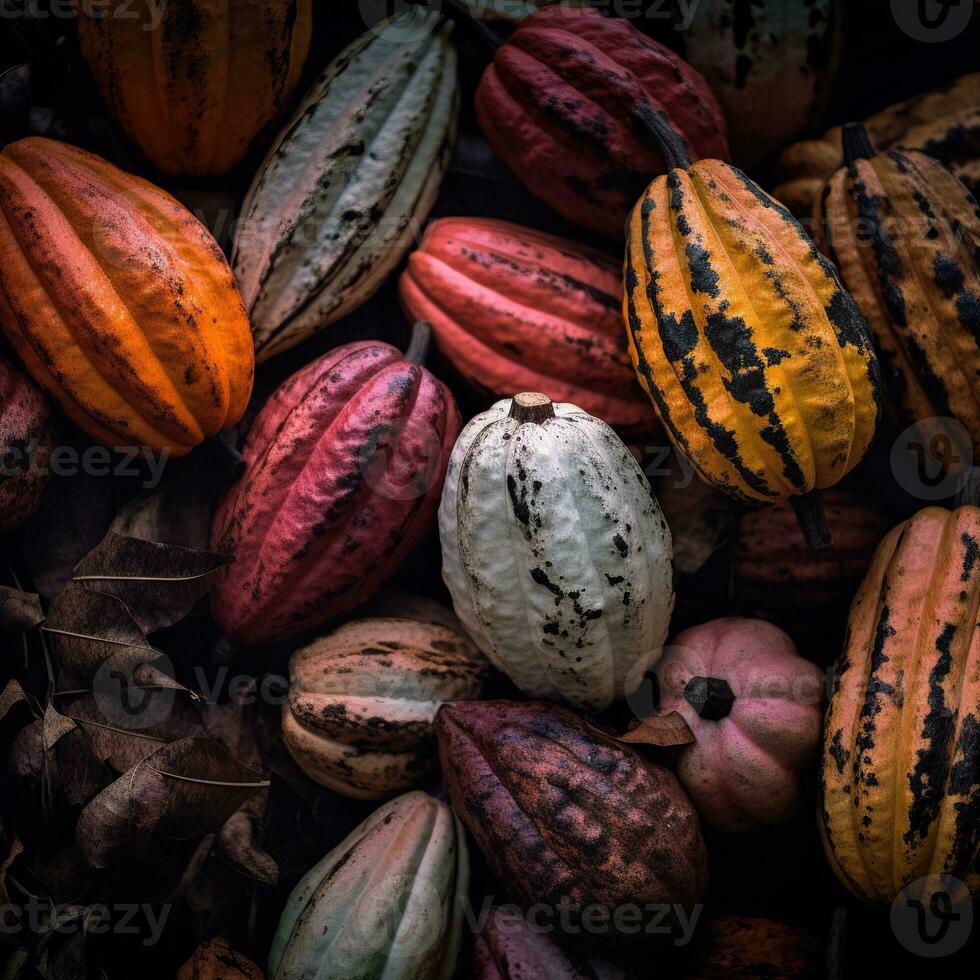 realista foto do uma grupo do cacau. topo Visão fruta cenário. ai gerado