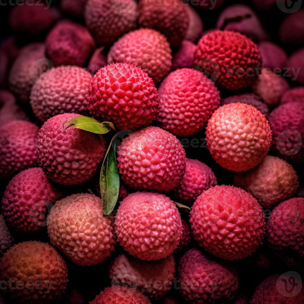 realista foto do uma grupo do lichias. topo Visão fruta cenário. ai gerado