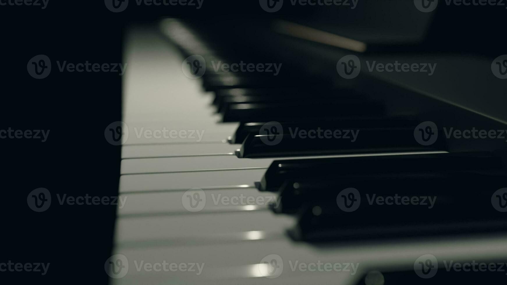 fechar-se do piano chaves em desfocado Preto fundo musical harmonia e elegância, 3d render foto