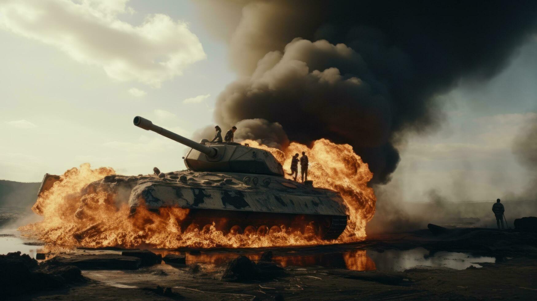 militares branco homens em uma queimado tanque foto
