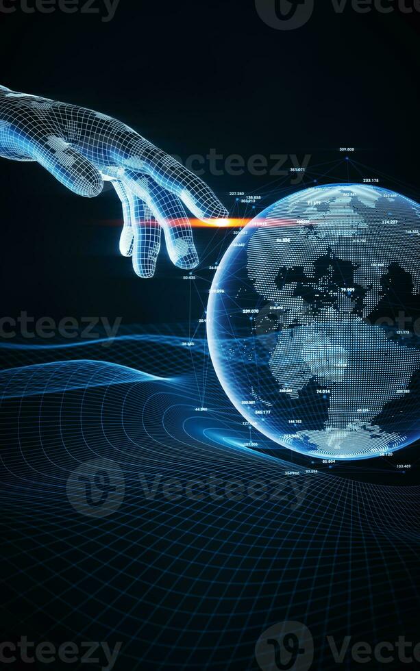 codificação digital planeta com uma virtual mão, 3d Renderização. foto