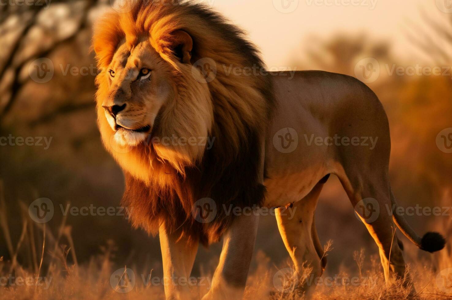 adulto masculino leão em pé dentro a africano savana durante a dourado hora do a dia. ai gerado foto