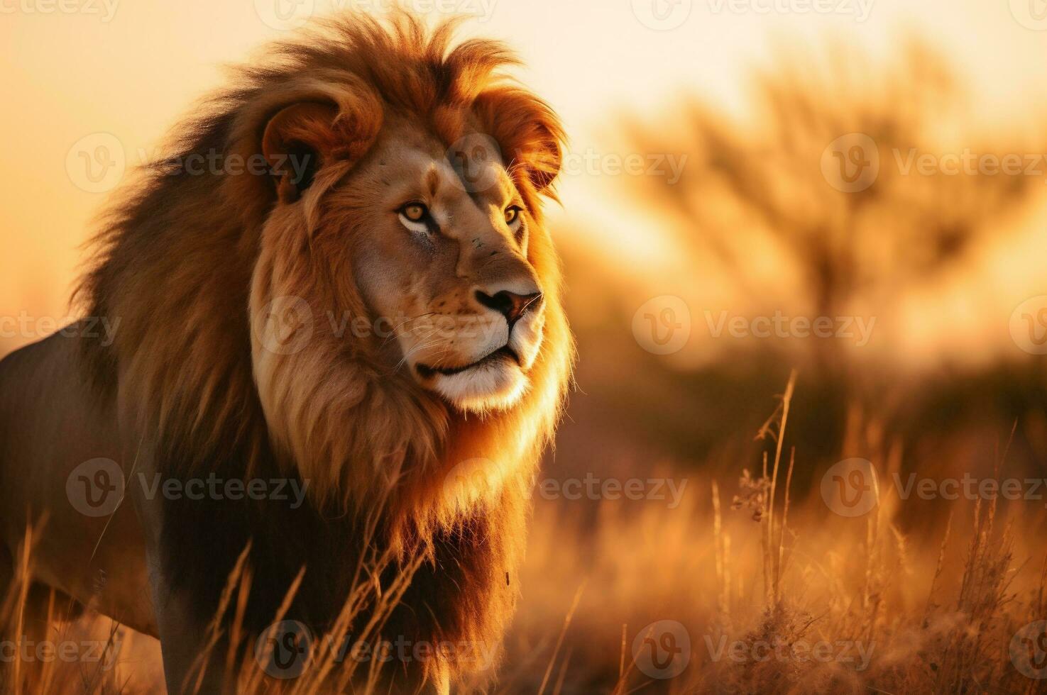 adulto masculino leão em pé dentro a africano savana durante a dourado hora do a dia. ai gerado foto