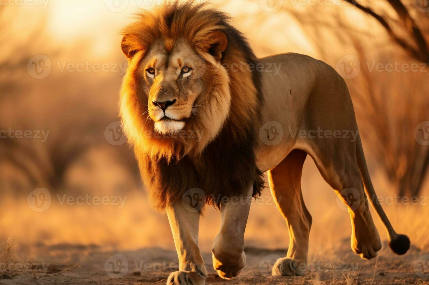 adulto masculino leão em pé dentro a africano savana durante a dourado hora do a dia. ai gerado foto