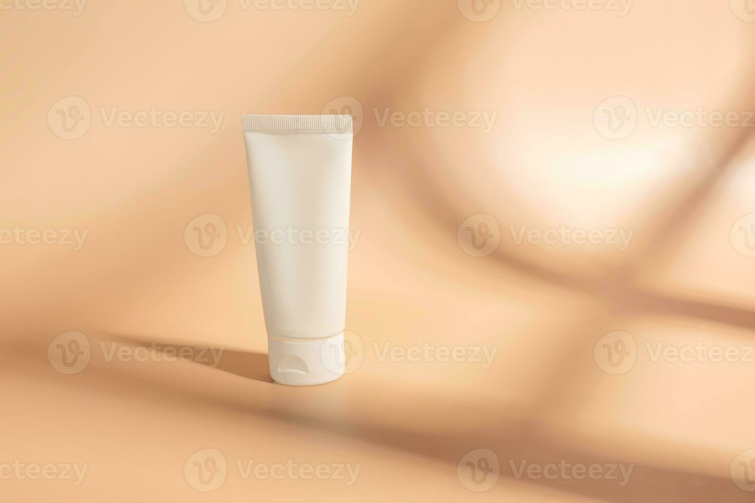 brincar do branco aperto garrafa plástico tubo para branding do remédio ou cosméticos - creme, gel, pele Cuidado, pasta de dentes. Cosmético garrafa recipiente em uma bege fundo com sombras. minimalismo foto