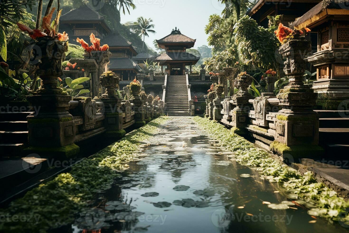 ai generativo a partir de imagem do hindu têmpora Como uma cultura dentro bali Indonésia com lagoa em uma brilhante dia foto