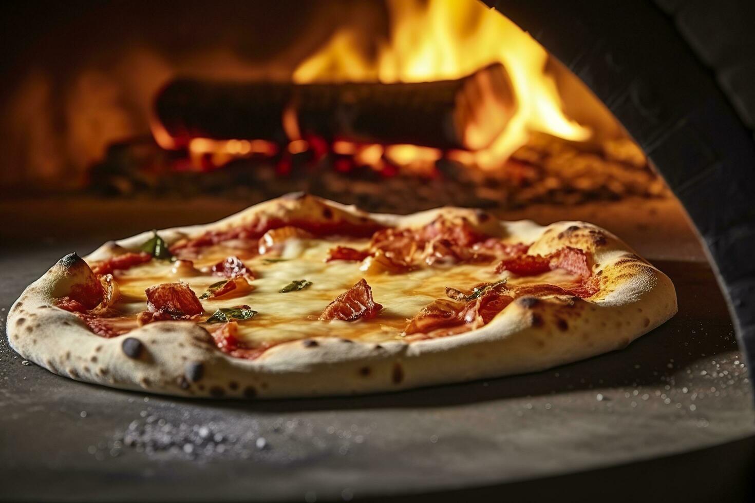 recentemente cozido pizza fechar-se, tradicional madeira disparamos forno fundo. ai gerado foto