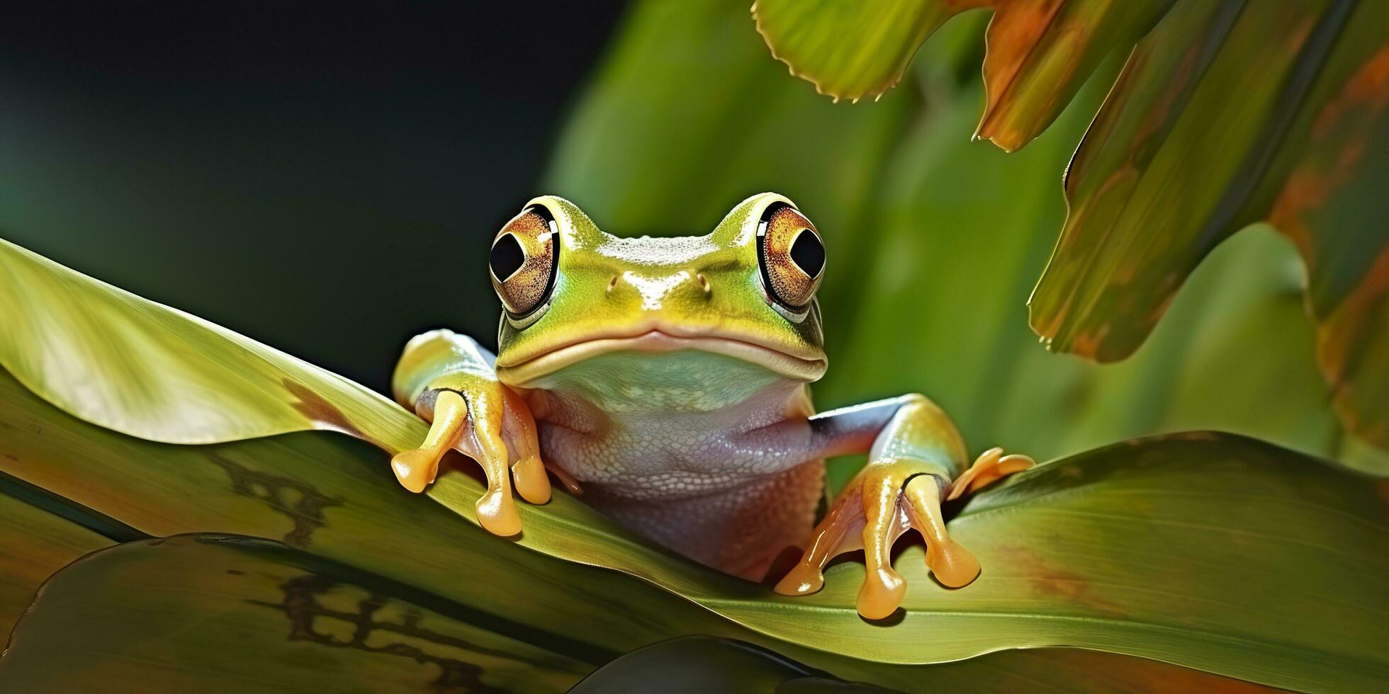 atarracado rã em folhas, sapo, anfíbio, réptil. generativo ai foto