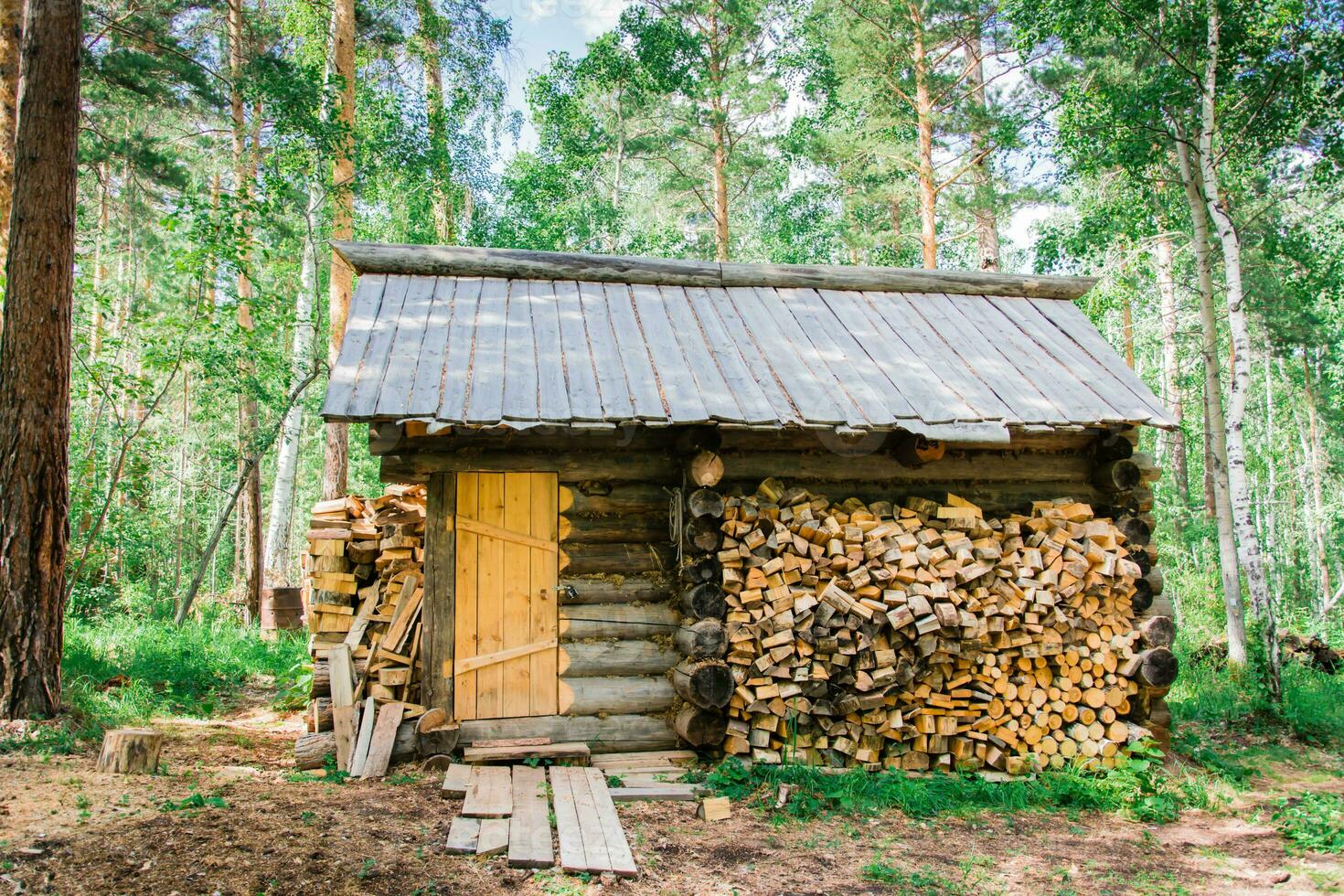 uma solitário velho casa do a guarda florestal e uma pilha do lenha perto dentro uma floresta clareira dentro a siberian taiga foto