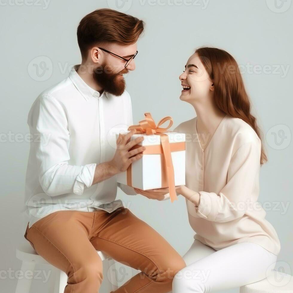 uma homem dá uma Deleitado e surpreso mulher uma belas embrulhado presente em uma luz fundo. jovem amoroso casal. em uma luz fundo. generativo ai. foto