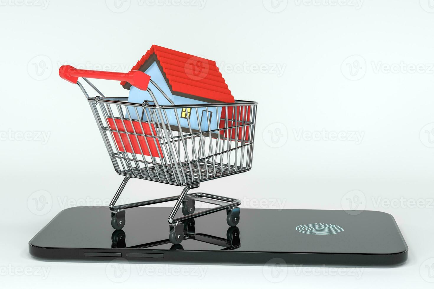 compras carrinho com vermelho casa dentro isto, compra casa conceito, 3d Renderização. foto