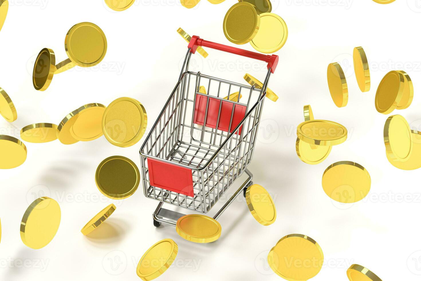 compras carrinho com dourado moedas, 3d Renderização. foto