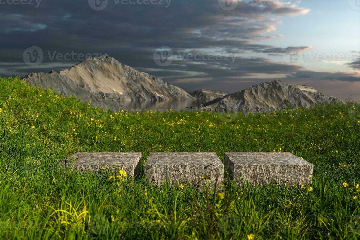 esvaziar plataforma dentro a Relva campo, 3d Renderização. foto