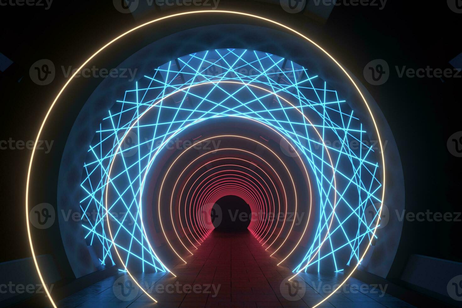 Sombrio volta túnel com brilhando néon luzes, 3d Renderização. foto