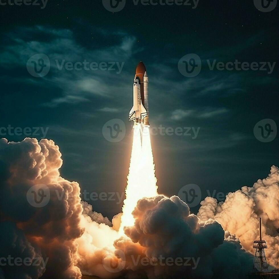 uma espaço foguete é lançado para dentro a noite céu. foto