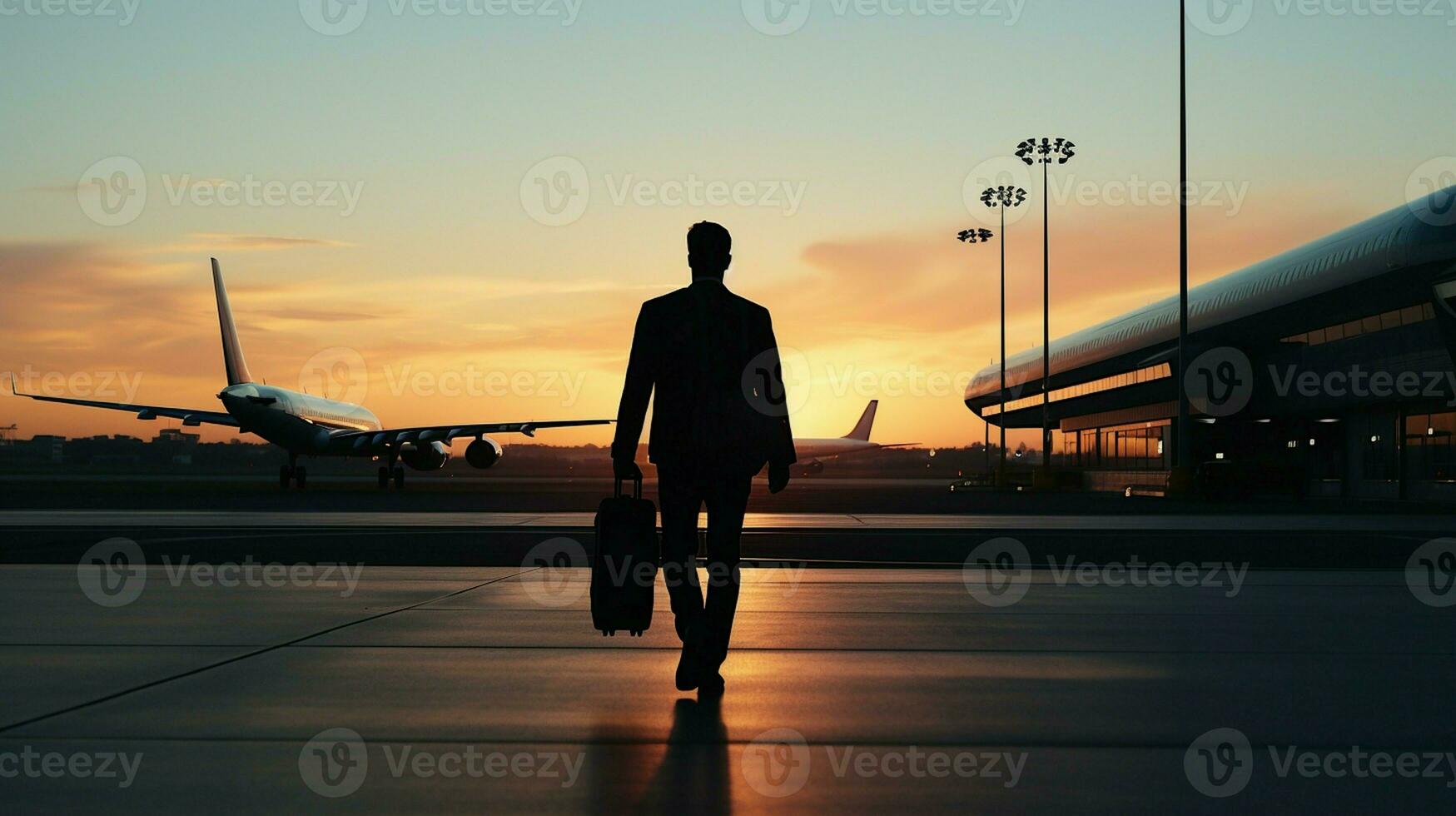 uma silhueta do uma homem de negocios carregando uma saco enquanto caminhando dentro a aeronave estacionamento área durante pôr do sol. foto
